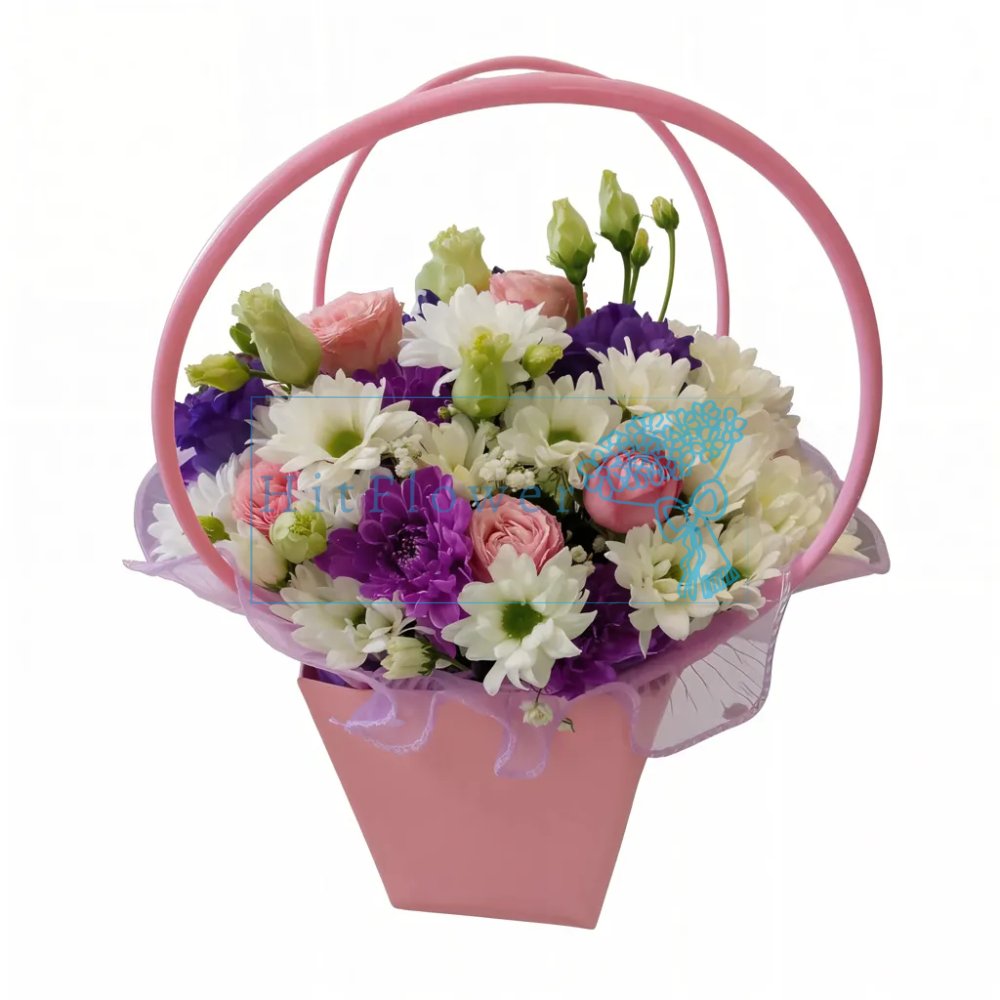 Композиция из живых цветов Лирика утра Цветочная композиция из Розы, Хризантемы и Лизиантусы